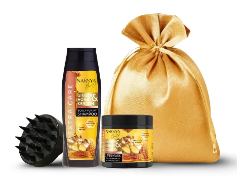 Vánoční dárková sada pro čistou pokožku hlavy – Zázvor, Med & Keratin + dárkové balení ZDARMA
